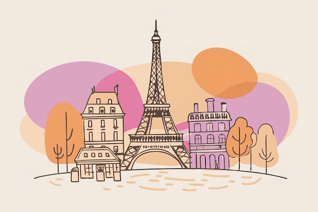 un dessin de la tour Eiffel avec un arbre en arrière-plan