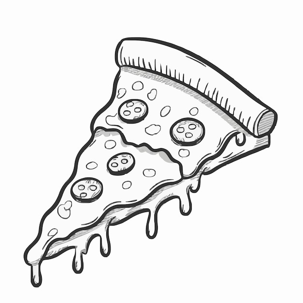 un dessin d'une tranche de pizza avec du fromage et des olives