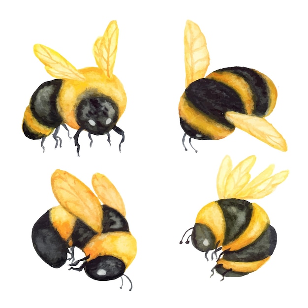 Vecteur un dessin de trois abeilles avec des rayures jaunes et noires sur le devant.