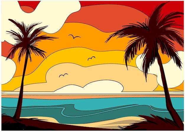 Dessin Vectoriel D'un Beau Paysage Tropical, Un Beau Lever De Soleil, Un Beau Coucher De Soleil Sur La Mer