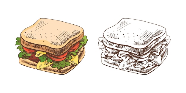 Vecteur dessin vectoriel coloré et monochrome dessiné à la main d'un morceau de sandwich avec des légumes, du fromage et de la viande