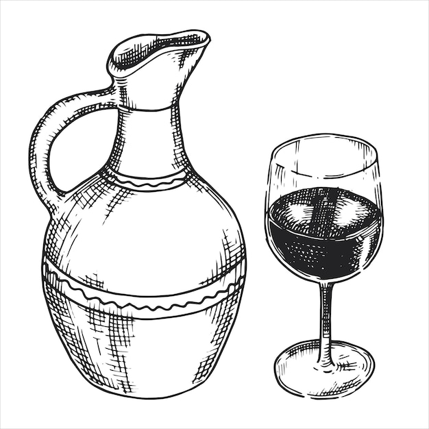 Dessin Vectoriel, Croquis. Un Pichet De Vin Et Un Verre De Vin. Cuisine Géorgienne, Cuisine Nationale