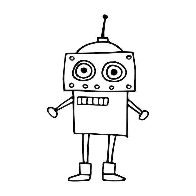 dessin vectoriel dans le style doodle robot mignon personnage drôle pour les enfants ligne noire et blanche