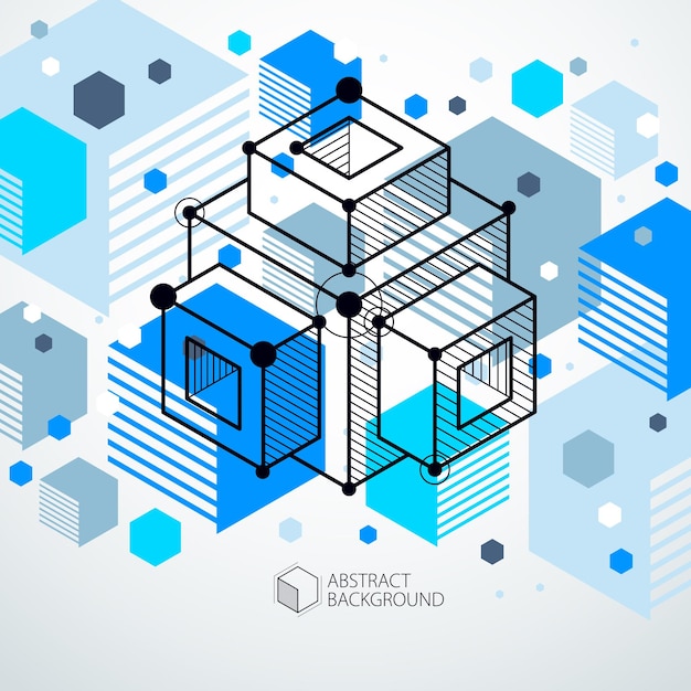Dessin vectoriel du système industriel bleu créé avec des lignes et des cubes 3D. La composition géométrique moderne peut être utilisée comme modèle et mise en page.