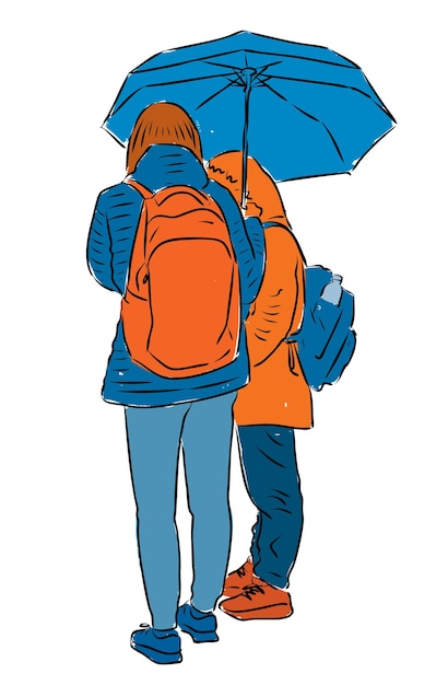 Dessin Vectoriel D'étudiants Adolescents Debout Sous Un Parapluie Et Parlant