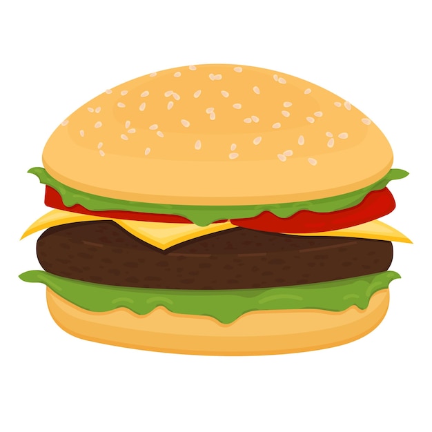 Dessin vectoriel de hamburger avec fromage tomates hacher laitue oignon concombre en style cartoon plat