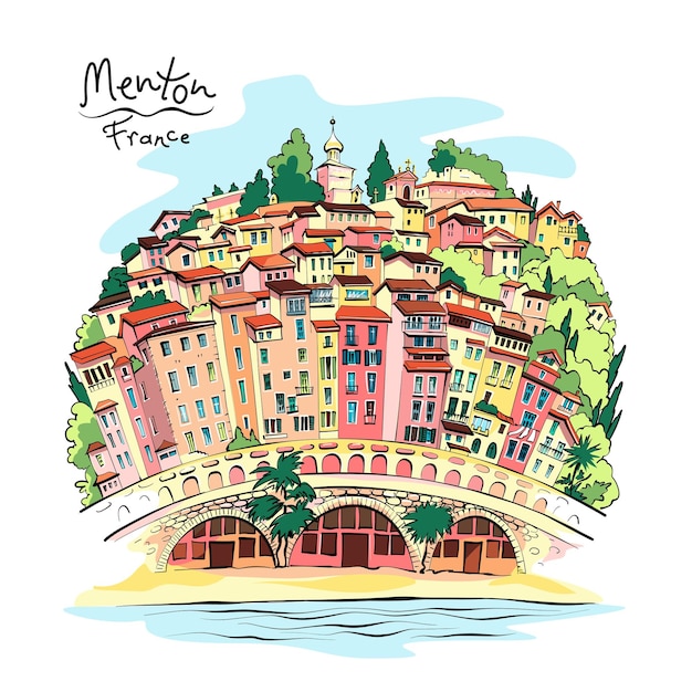 Vecteur dessin vectoriel à la main de maisons provençales typiques colorées à menton, en provence, en france