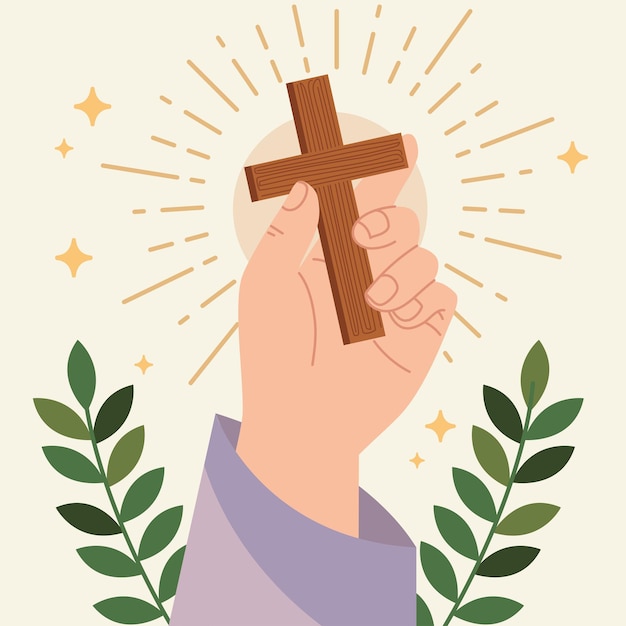 Dessin vectoriel de mains avec un symbole de croix de la religion catholique