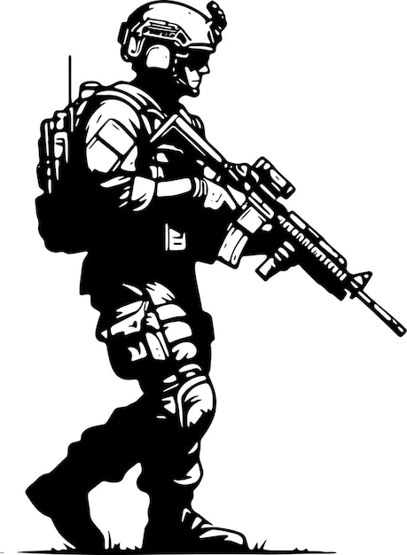 Vecteur dessin vectoriel simple d'un soldat avec une mitrailleuse