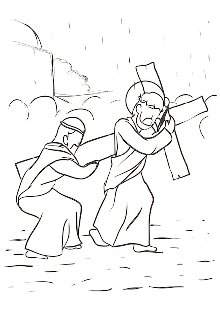 Vecteur dessin de la via crucis représentant simon de cyrène aidant jésus à porter la croix