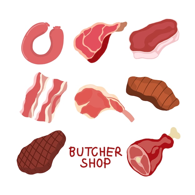 Dessin de viande crue fraîche, porc, bœuf, agneau et saucisses pour boucherie, barbecue, restaurant, icône du logo