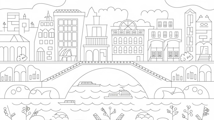 Vecteur un dessin d'une ville avec un pont et des bâtiments