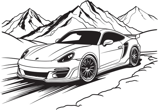 Vecteur un dessin d'une voiture avec des montagnes en arrière-plan