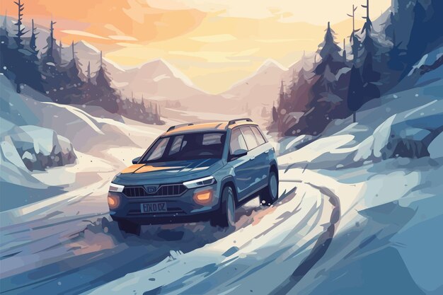 Un Dessin D'une Voiture Roulant Sur Une Route Enneigée Avec Des Montagnes En Arrière-plan.