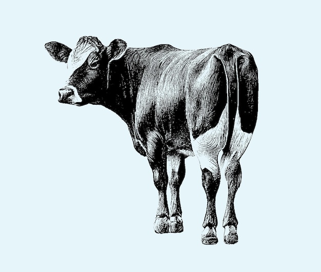 Vecteur dessiné au crayon vache sur fond bleu isolé dessin gravé taureau style noir et blanc