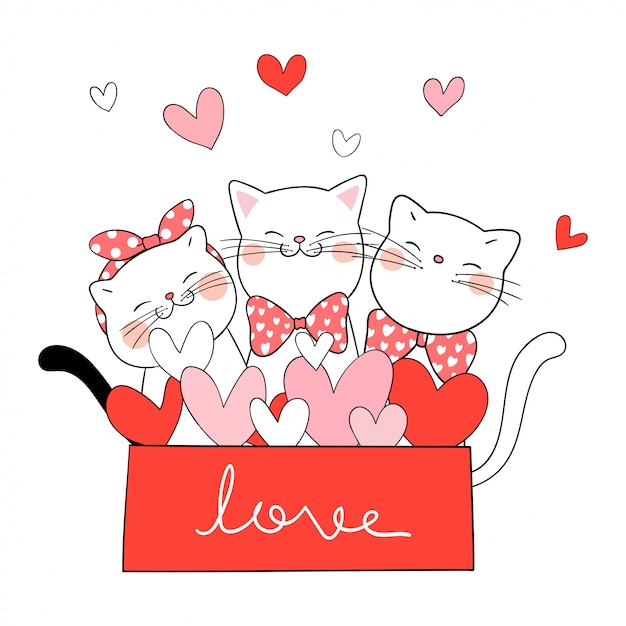Dessine Le Chat Dans La Boîte Cadeau Couleur Rouge Pour La Saint-valentin