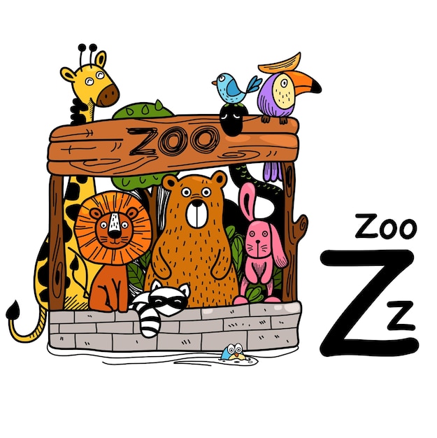 Dessiné à La Main.alphabet Lettre Z-zoo Illustration, Vecteur