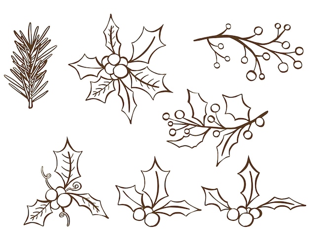 Vecteur dessiné à la main avec des baies rouges et des branches de sapin. cartes de noël et design d'hiver. illustration vectorielle