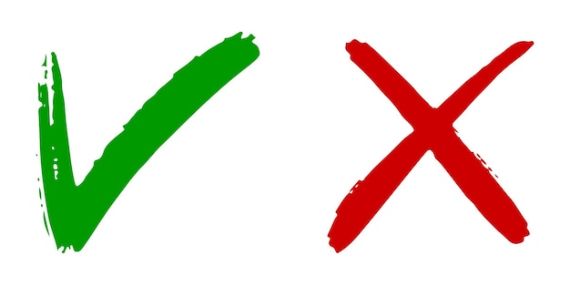 Dessiné à la main d'une coche verte et d'une croix rouge isolées icône bonne et mauvaise illustration vectorielle