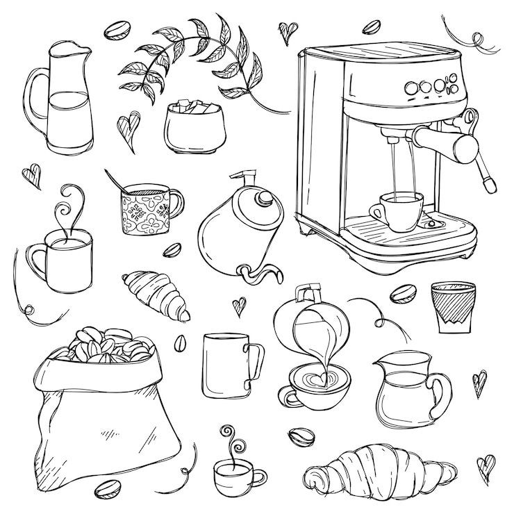 Vecteur dessiné à la main de la conception de café avec la conception d'outils de cafetière pour la journée du café ou la conception de papier peint de café
