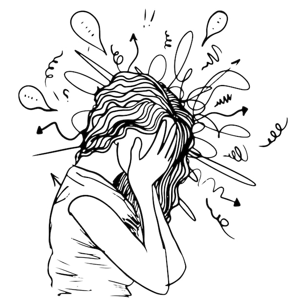 Vecteur dessiné à la main d'une fille avec une tête tactile anxieuse entourée de troubles mentaux et de chaos dans la conscience pour trouver des réponses concept de confusion
