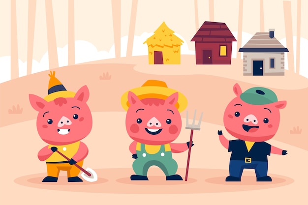 Dessiné à la main l'illustration des trois petits cochons