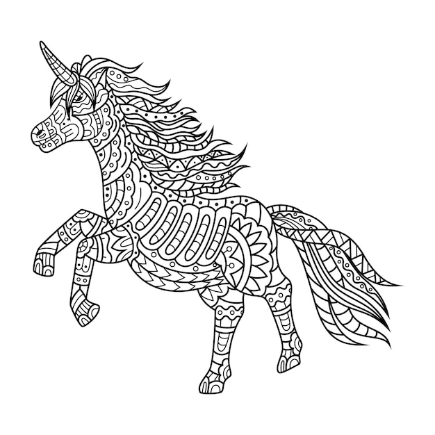 Vecteur dessiné à la main de licorne dans un style zentangle