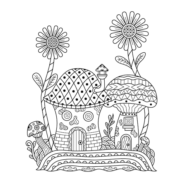 Dessiné à la main d'une maison aux champignons dans un style zentangle