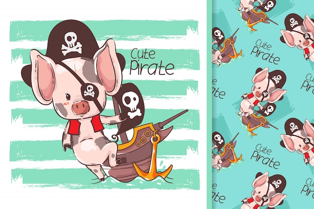 Dessiné à La Main Un Petit Cochon Avec Une Coutume De Pirate