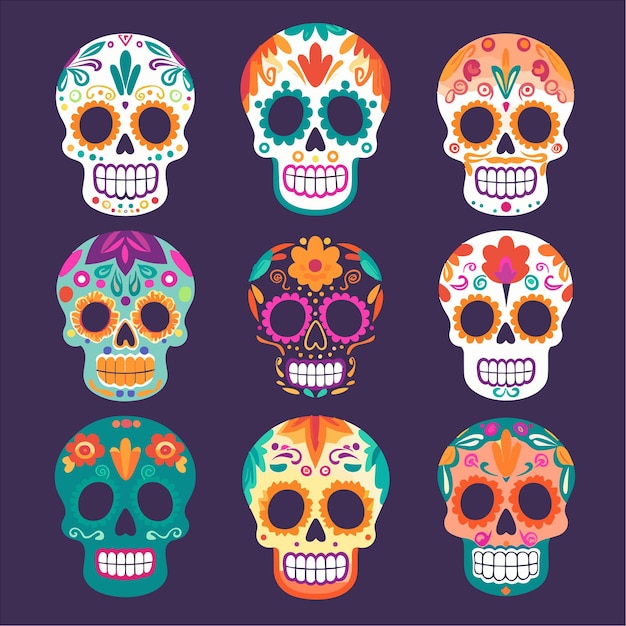 Dessiné à la main plat dia de muertos jour de collection de crânes morts illustration vectorielle