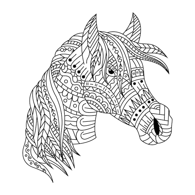 Vecteur dessiné à la main de tête de cheval dans un style zentangle