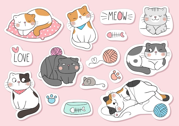 Vecteur dessiner des autocollants de collection chats drôles style cartoon doodle