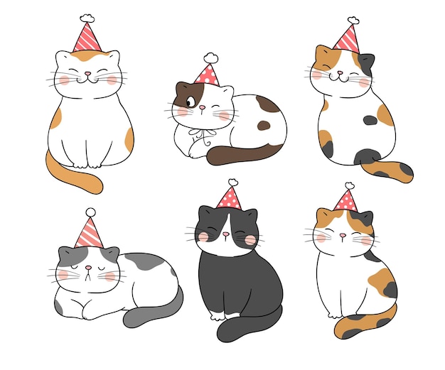 Dessiner Un Chat De Collection Avec Un Style De Dessin Animé Doodle Chapeau De Fête