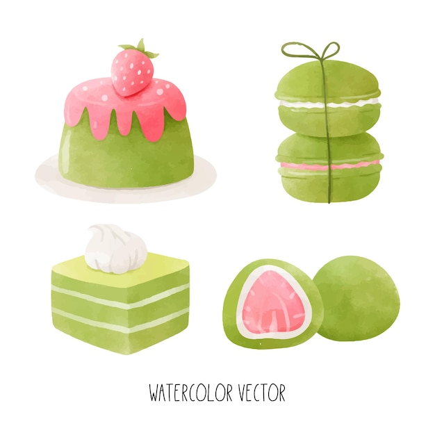 Vecteur dessiner une collection d'illustrations vectorielles dessert sucré au matcha nourriture au thé vert peinture à l'eau