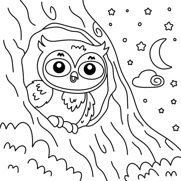 dessiner un hibou dans un trou dans un arbre à l'arrière-plan de la lune et des étoiles