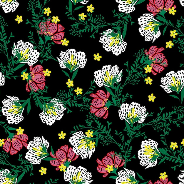 Dessiner à La Main Un Motif Floral Délicat Et Harmonieux De Pleine Floraison à La Main, Design Pour La Mode, Le Tissu, Le Textile, Le Papier Peint, La Couverture, Le Web, L'emballage Et Toutes Les Impressions Sur Noir