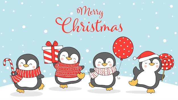 Dessiner Un Pingouin Dans La Neige Pour L'hiver Et Noël
