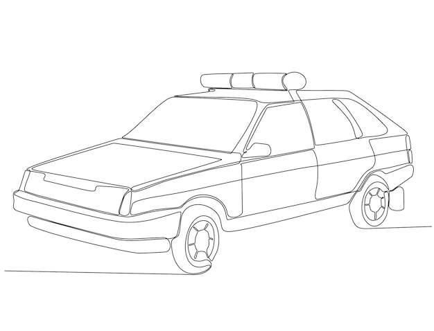 dessiner une seule ligne droite d'une voiture de police Un dessin au trait vecteur premium