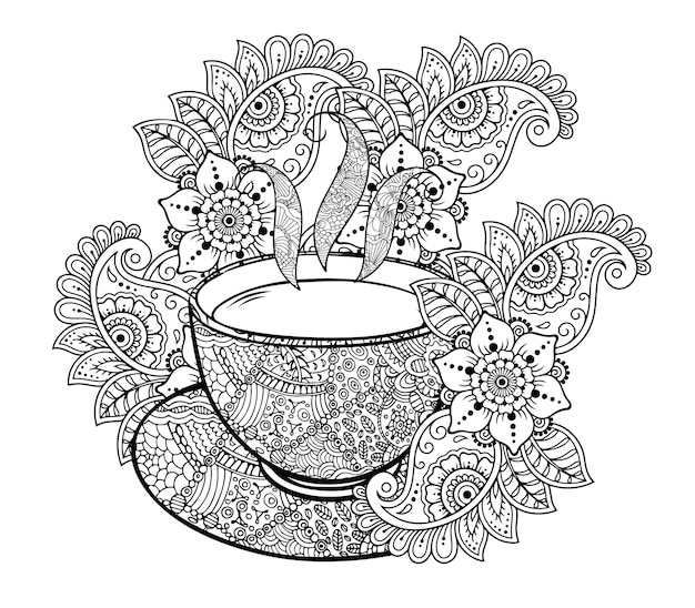 Vecteur dessiner une tasse de thé à la main avec du mandala pour adultes