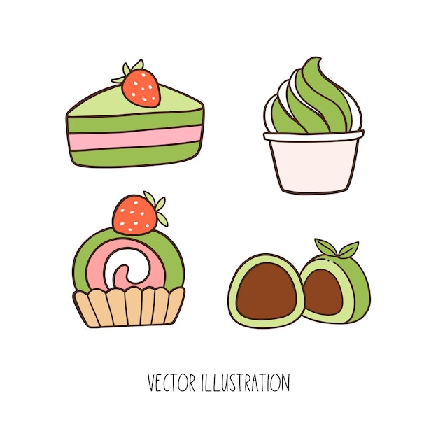 Dessiner Vecteur Mignon Matcha Thé Vert Dessert Doodle Style De Dessin Animé