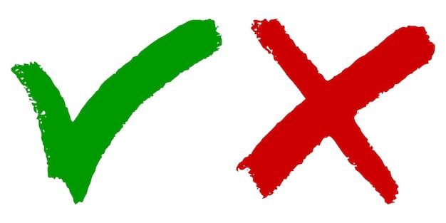 Dessinés à la main d'une coche verte et d'une croix rouge isolées Icône bien et mal Illustration vectorielle