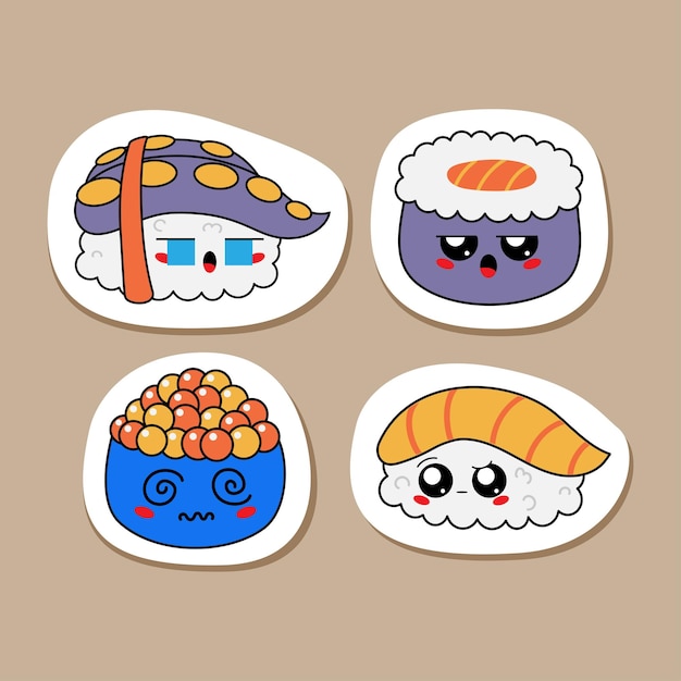 Dessinés à la main divers vecteurs de couleur kawaii sushi set cuisine asiatique