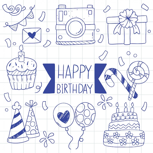 Dessinés à la main doodle joyeux anniversaire ornements