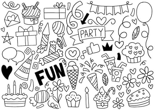 Dessinés à la main fête doodle ornements de joyeux anniversaire