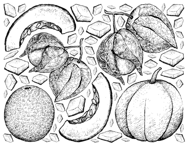 Vecteur dessinés à la main de fond de melon muscade et cape gooseberry