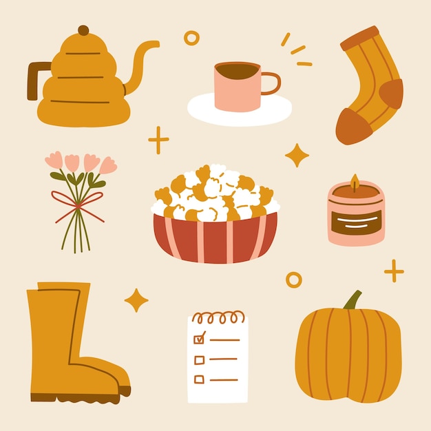 Dessinés à La Main Hygge Automne Maison éléments Confortables Style Scandinave Moka Pot Café Chaussettes Bouquet Pop-corn Note Bottes Et Autocollants Citrouille