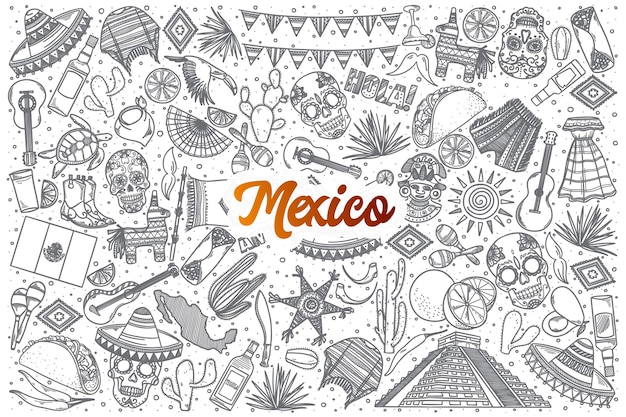 Dessinés à La Main Mexique Doodle Mis En Arrière-plan Avec Lettrage Orange