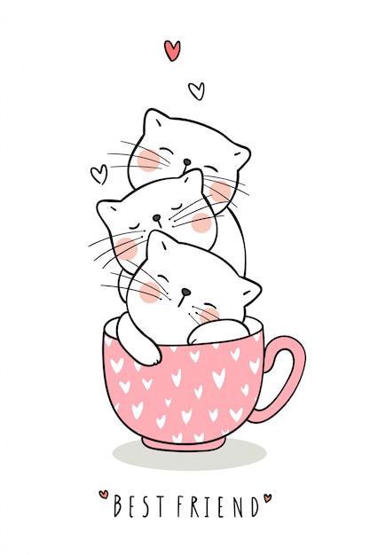 Vecteur dessinez adorable chat dormir dans une tasse de thé pastel rose