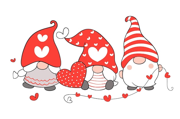 Vecteur dessinez d'adorables gnomes avec un petit cœur rouge pour la saint-valentin.