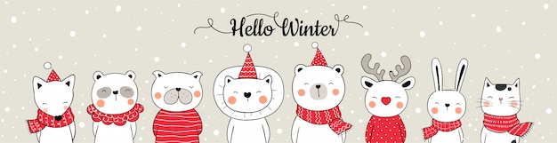 Dessinez Un Animal Mignon Bannière Web Design Dans La Neige Pour Noël.